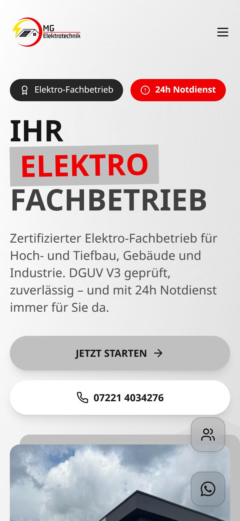 Mobile Ansicht der Website von MG Elektrotechnik